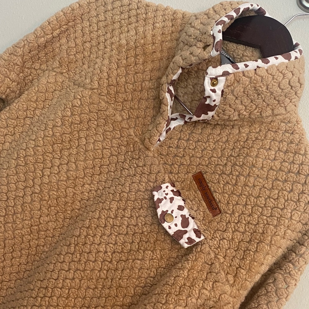 Simply Southern Ladies Tan Simply Soft Pullover with Cow Print Accents. Sz S